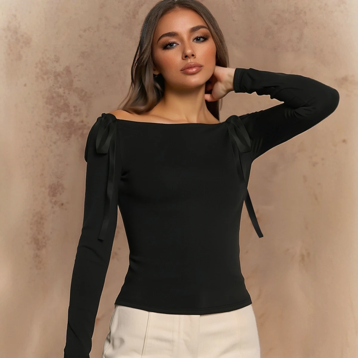 Women’s Off-Shoulder Long Sleeve T-Shirt – Elegant Solid Color Casual Top for All-Season Fashion - Image 5