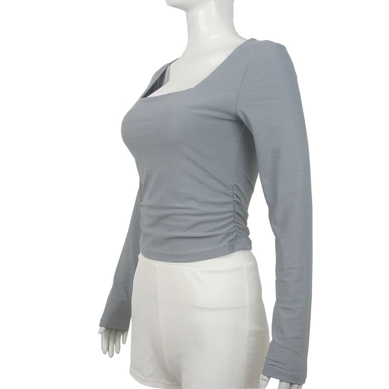 Women’s Square-Cut Collar Long Sleeve Slim Fit Top – Pleated Front & Back Tee for Autumn Winter 2025 - Image 2
