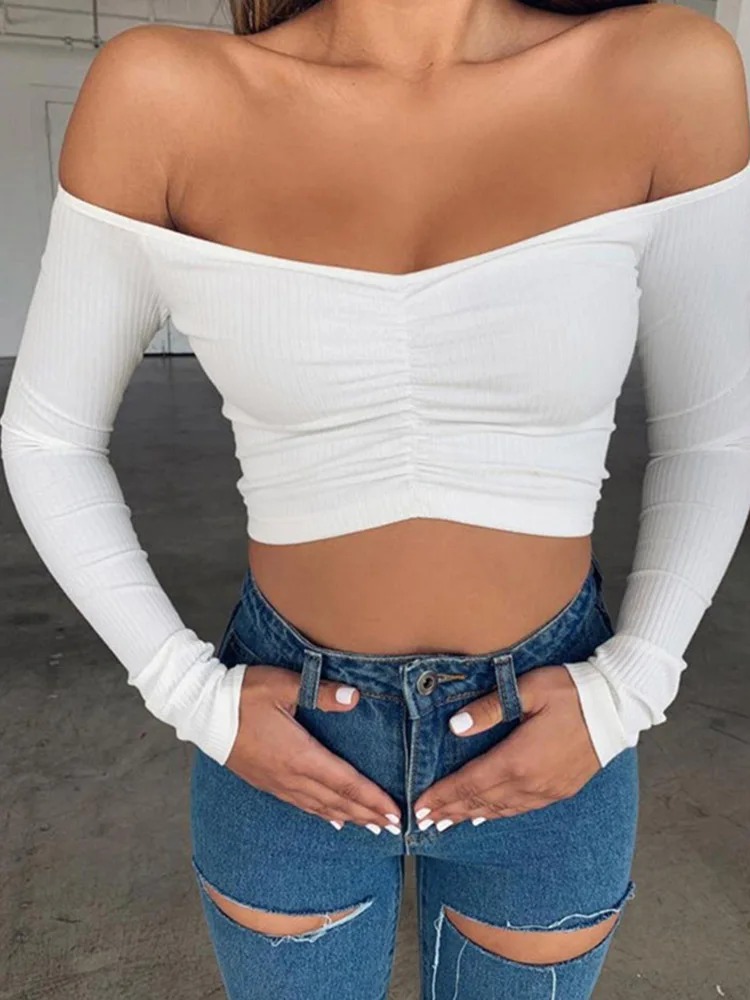 Women’s Off-Shoulder Long Sleeve T-Shirt – Solid Color Slim Fit Basic Tee for Autumn Streetwear Fashion - Image 6