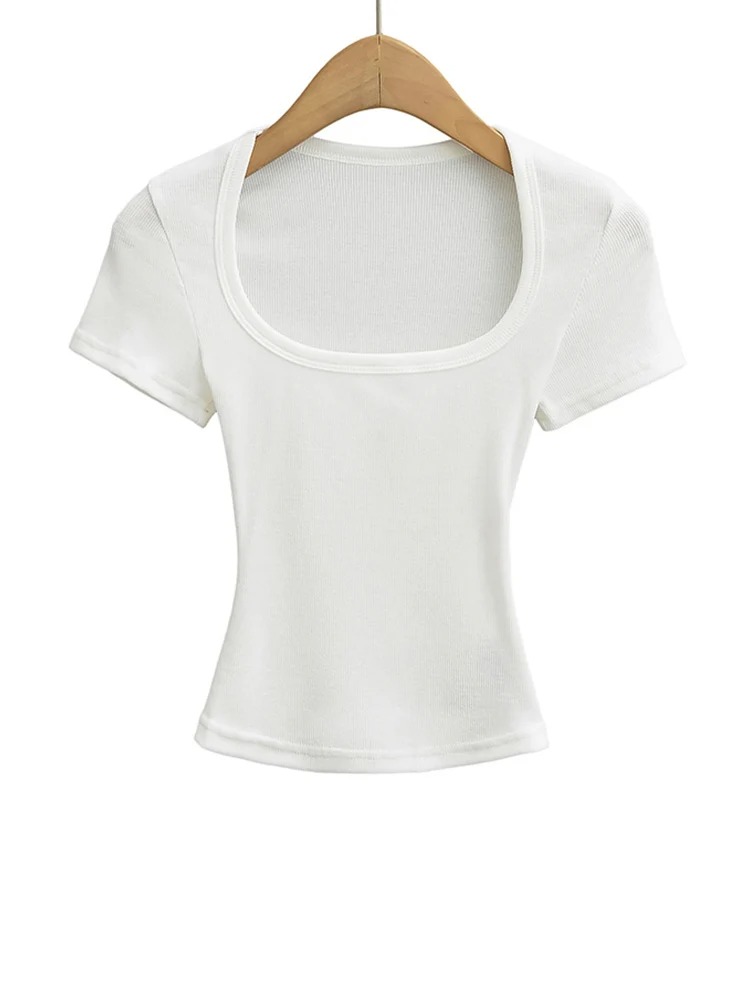 Women’s Square Collar Slim Fit Crop Top – High Stretch Short Sleeve Summer Pullover Blouse - Image 4