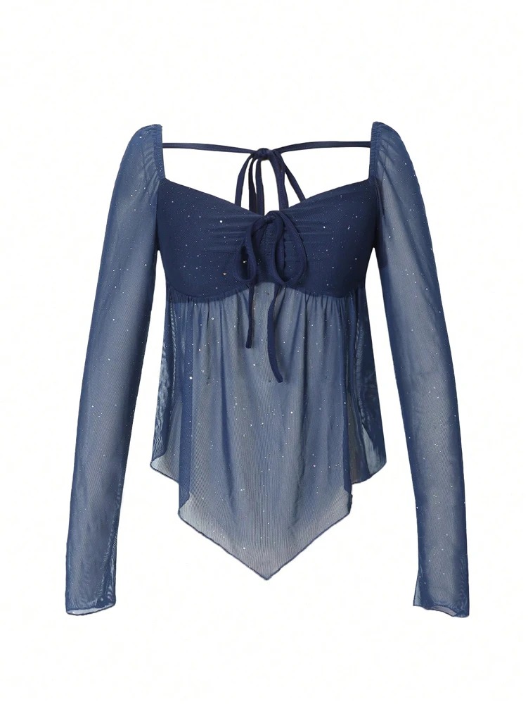 Women’s Mesh Sequined Square Neck Bow Blouse – Elegant Autumn Winter Fashion Top - Image 6