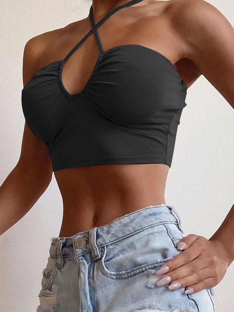 Women’s Solid Lace-Up Bow Halter Crop Top – Ruched Sleeveless Streetwear Tube Top - Image 7