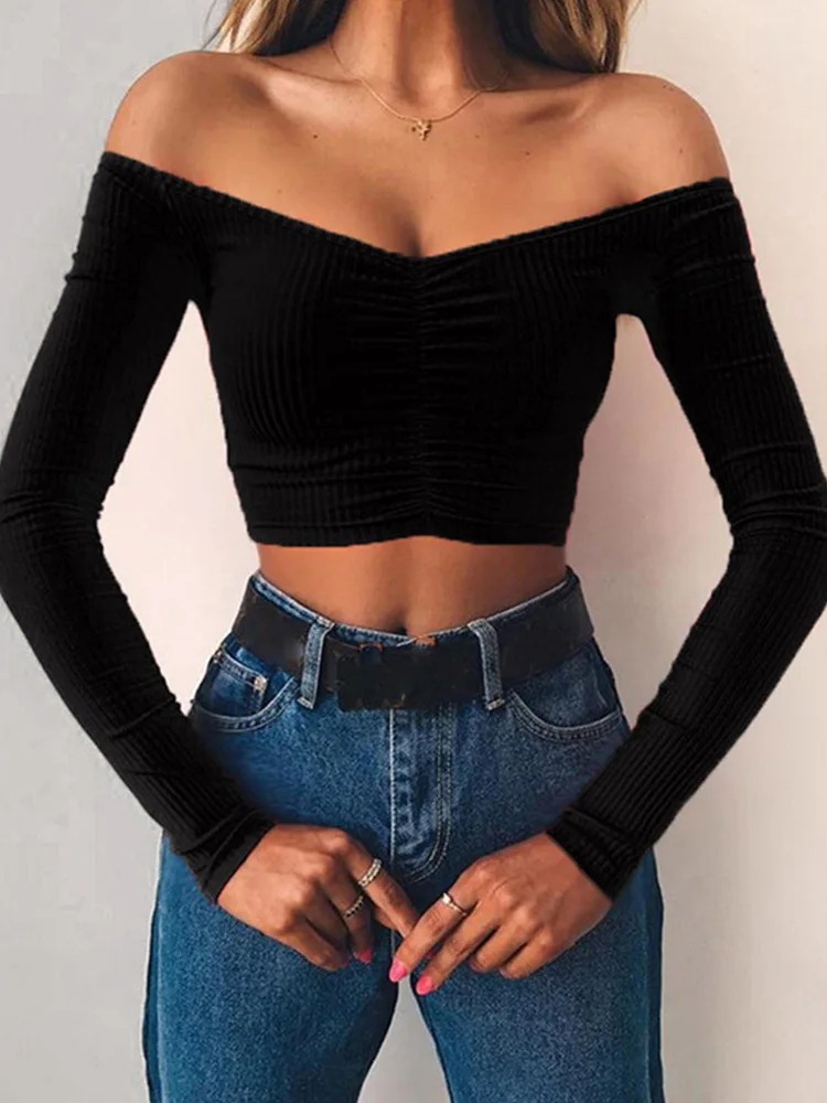 Women’s Off-Shoulder Long Sleeve T-Shirt – Solid Color Slim Fit Basic Tee for Autumn Streetwear Fashion - Image 3