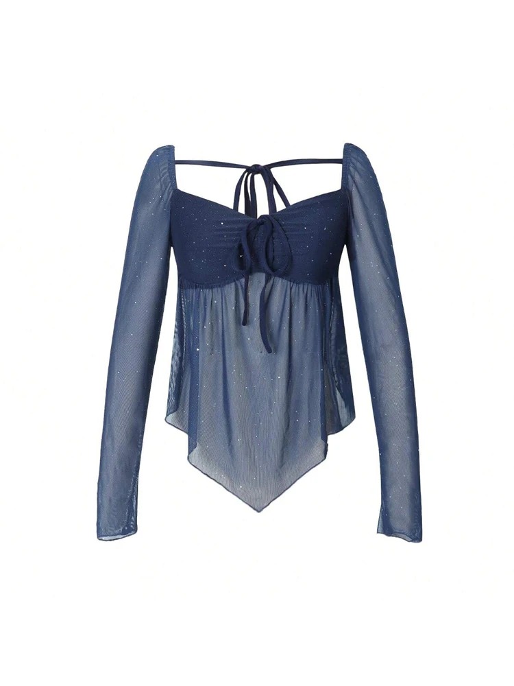 Women’s Mesh Sequined Square Neck Bow Blouse – Elegant Autumn Winter Fashion Top - Image 5