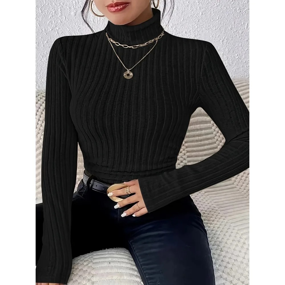 Plus Size Women’s Ribbed Knit Turtleneck Sweater 1XL–5XL – Long Sleeve Light Gray Slim Fit Pullover - Image 4