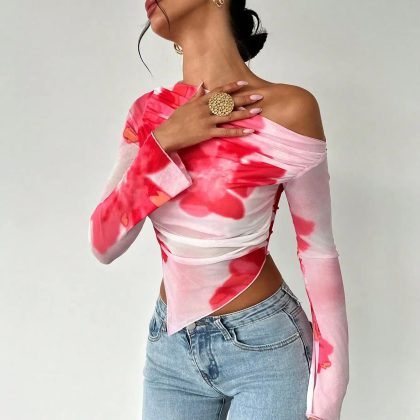 Sweet Spice Women's Mesh Print Diagonal Shoulder Long Sleeve Irregular Off-Shoulder Top
