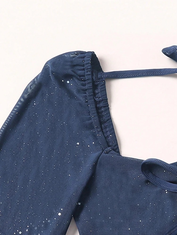 Women’s Mesh Sequined Square Neck Bow Blouse – Elegant Autumn Winter Fashion Top - Image 4