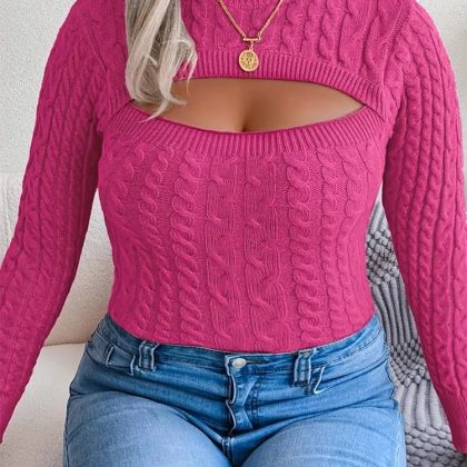 Plus Size Solid Color Cutout Knit Sweater – Slim Fit Long Sleeve Crewneck Pullover