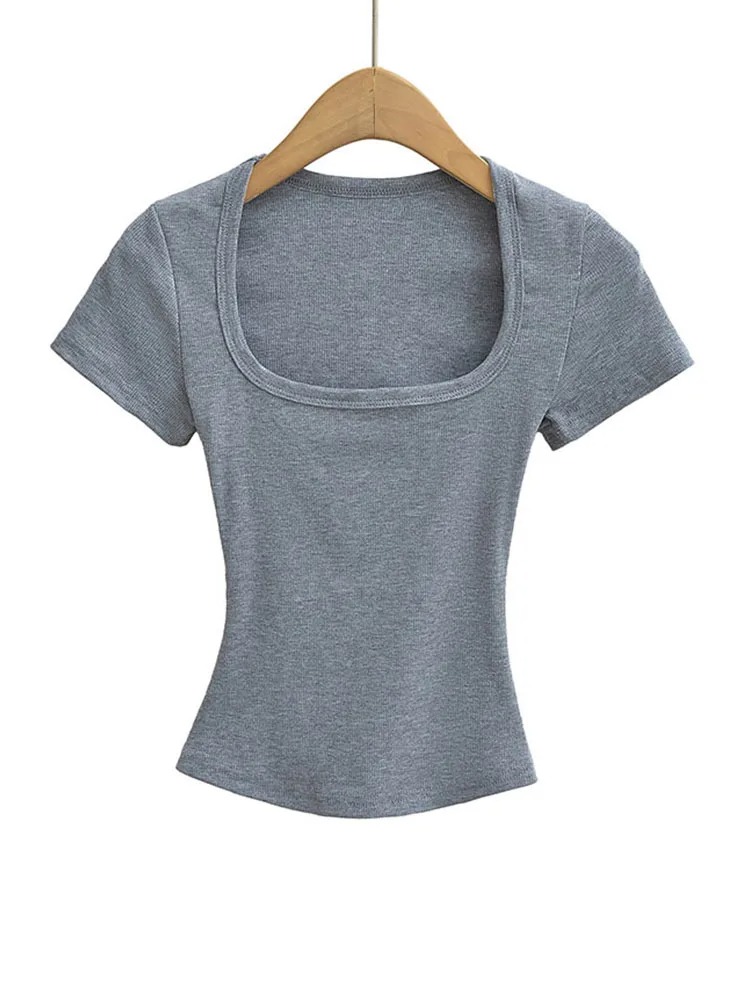 Women’s Square Collar Slim Fit Crop Top – High Stretch Short Sleeve Summer Pullover Blouse - Image 7
