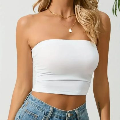 Women’s Solid Color Strapless Off-Shoulder Cami Tank Top – Boat Neck Short Bodice Casual Summer Top