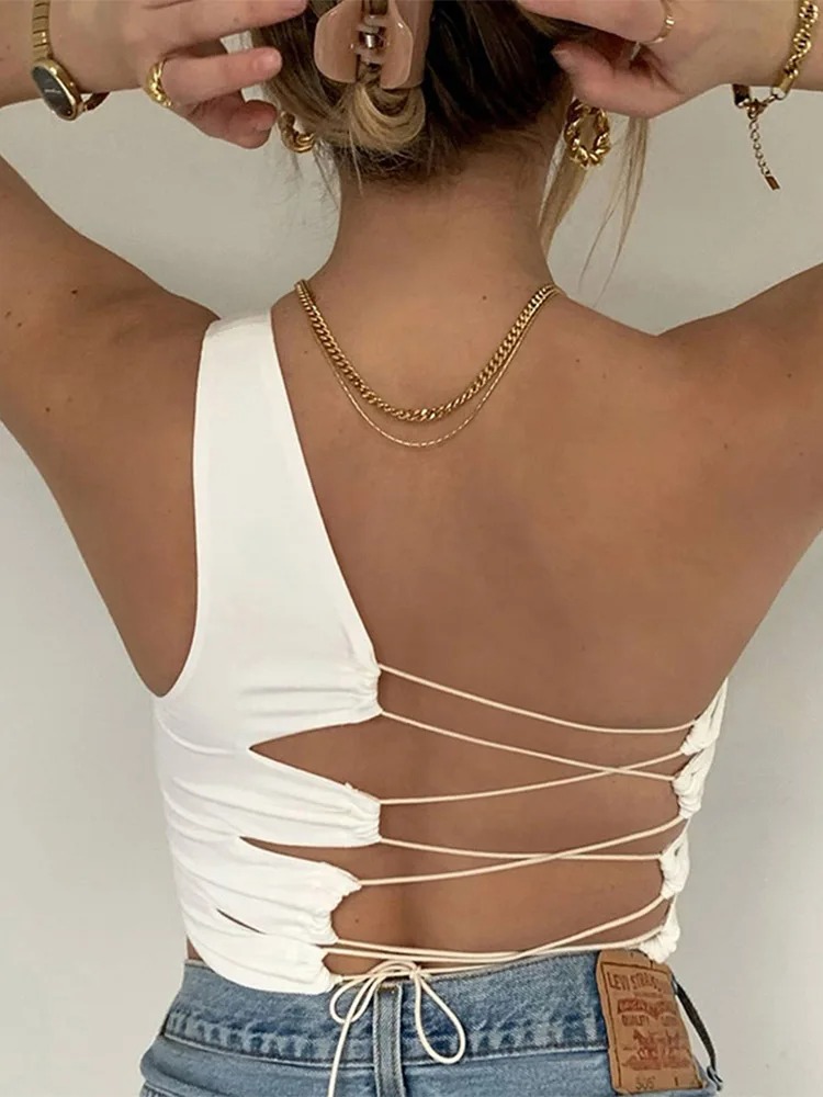 Women’s Hollow Back Crop Tank Top – Slim Fit Soft Korean Style Summer Camisole in Black & White