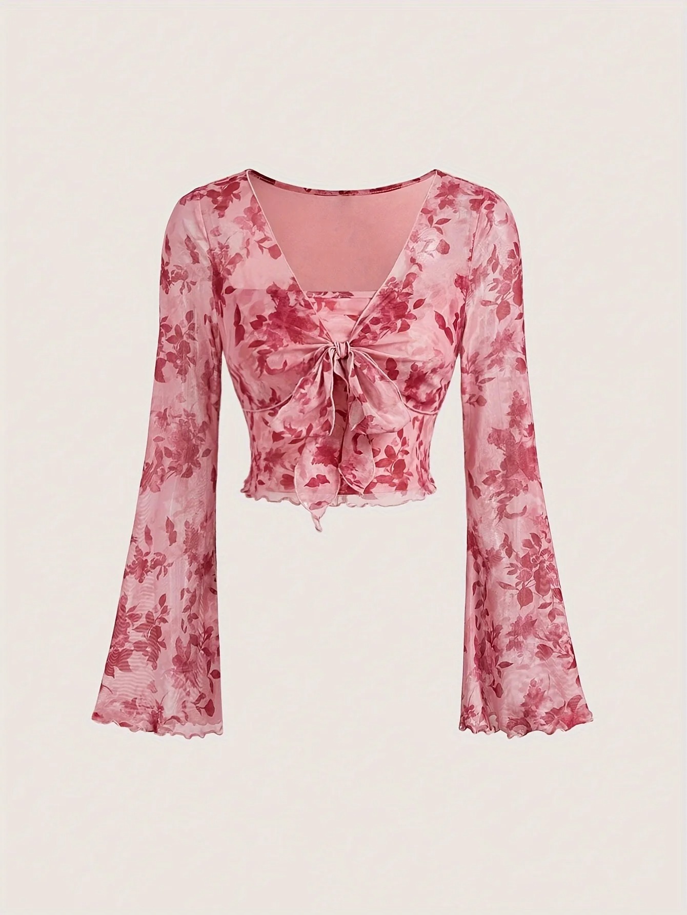 Summer Women's Y2K Floral V-Neck Mesh Top – Lace-Up Flare Sleeve Beach Party Shirt - Image 6