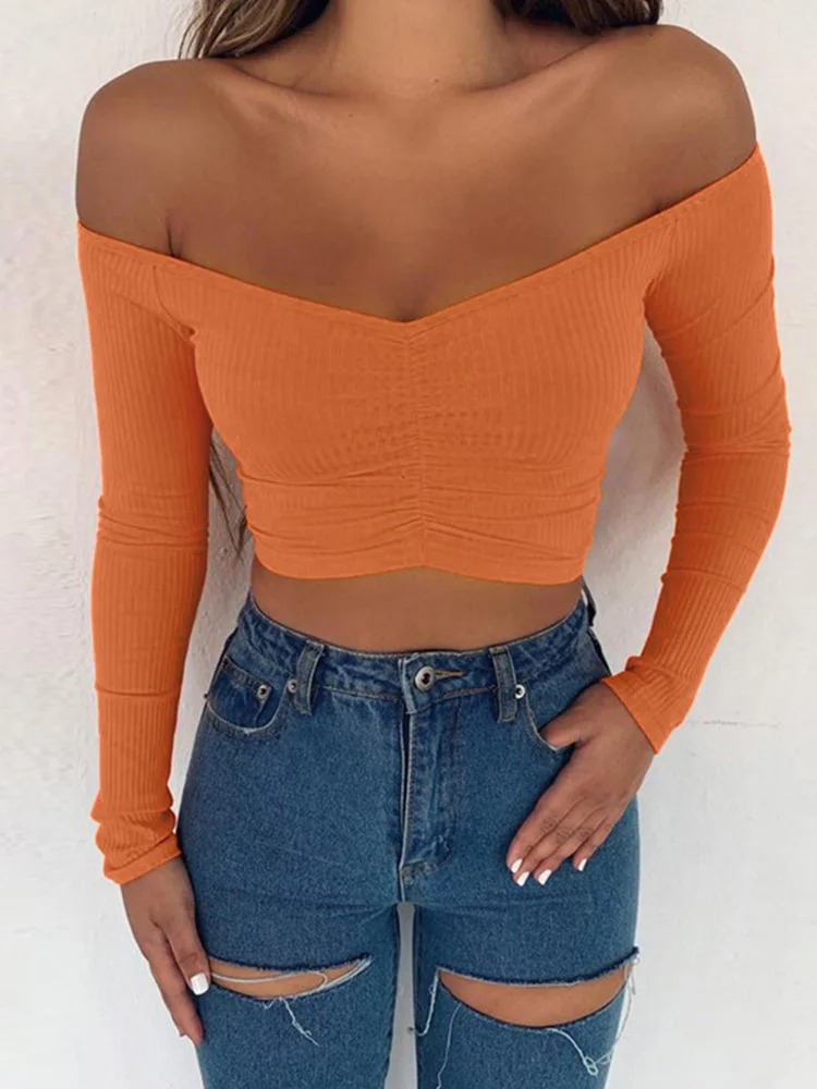 Women’s Off-Shoulder Long Sleeve T-Shirt – Solid Color Slim Fit Basic Tee for Autumn Streetwear Fashion - Image 5